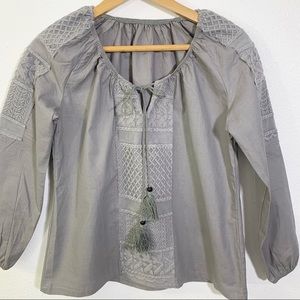 Boho Gray Cotton Blouse V-Neck with Lace A…